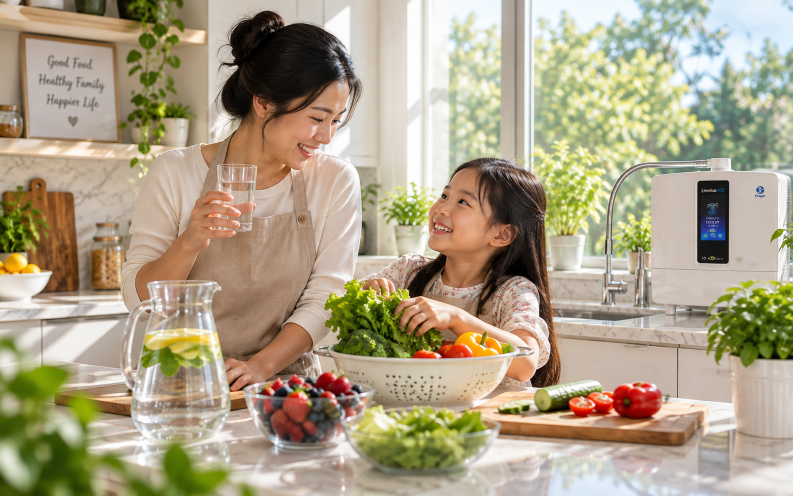 Ly nước thanh khiết trong không gian nhà bếp tràn ngập ánh sáng tự nhiên